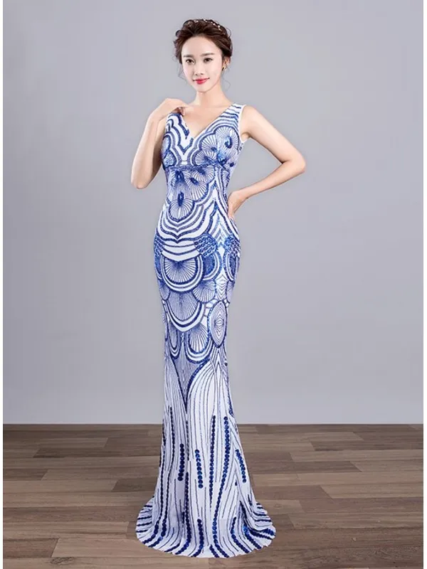 Abito da Cerimonia a sirena tempestato di paillettes bianco e blu