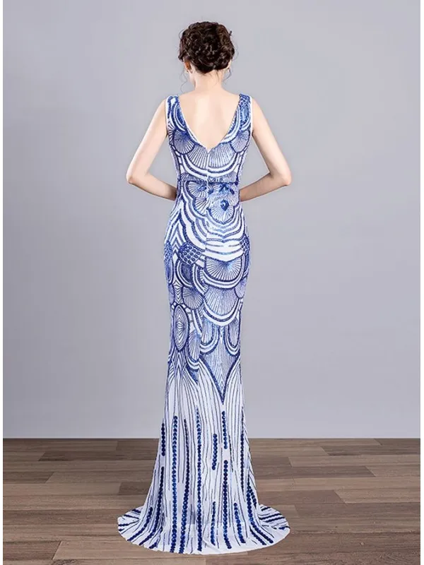 Abito da Cerimonia a sirena tempestato di paillettes bianco e blu